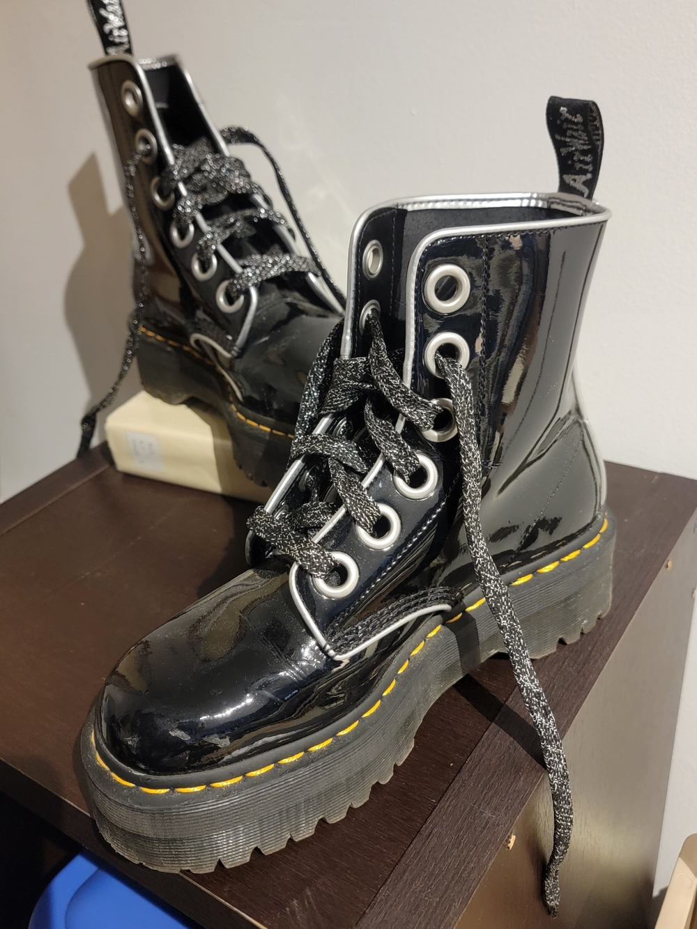 Dr. Martens Black Patent Platform Lace-Up Boots with Yellow Welt